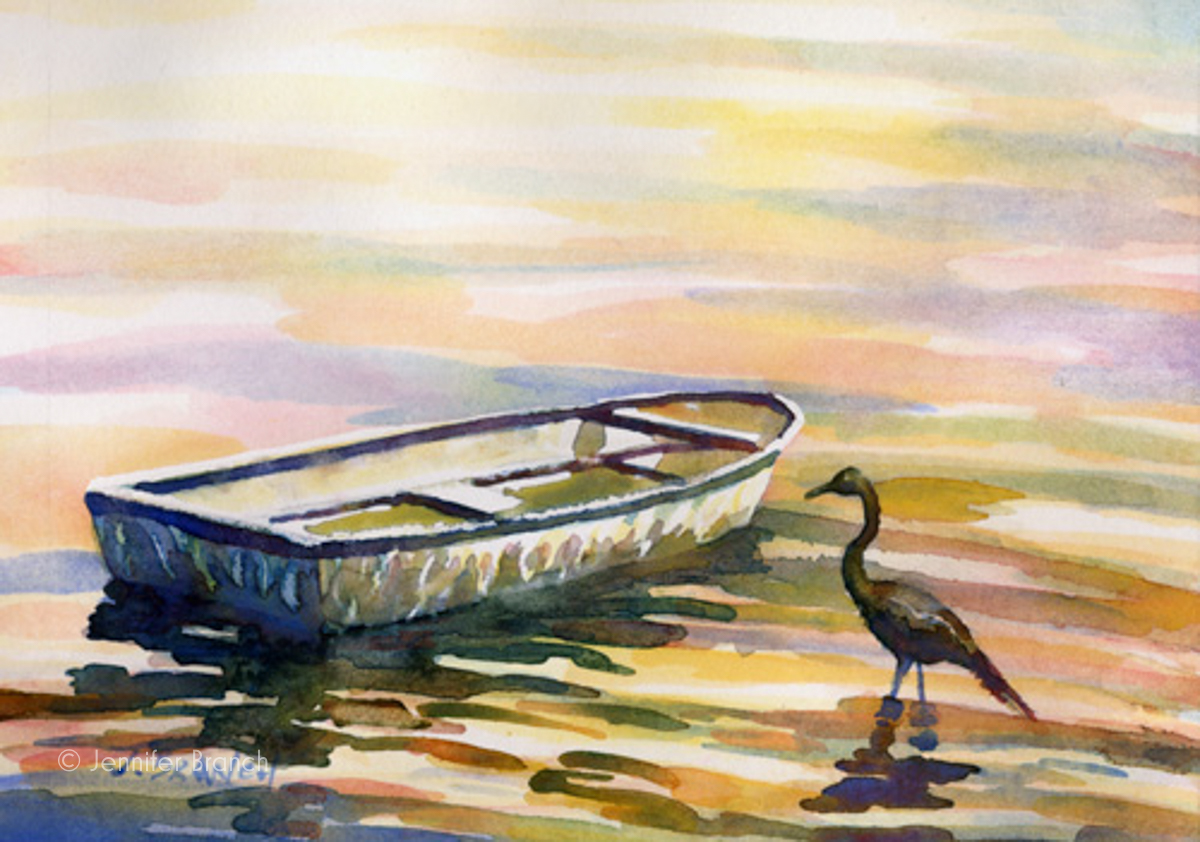 dingy heron watercolor painting by Jennifer Branch