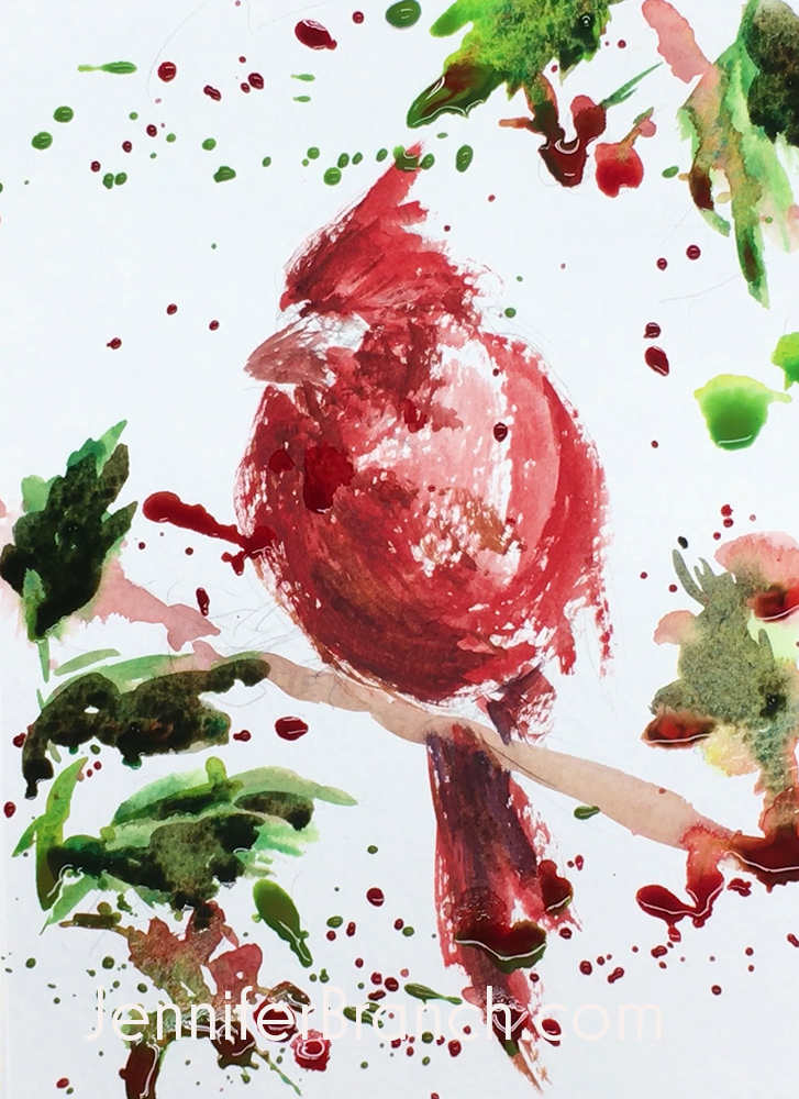 How to paint a Christmas Card with red Cardinal bird step 3, watercolor