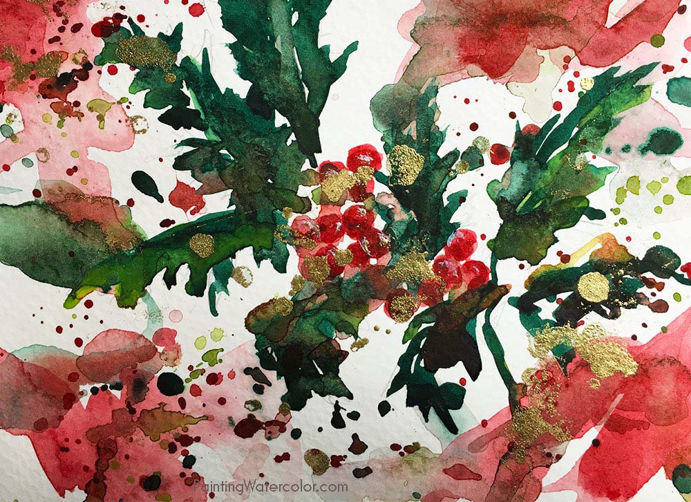 Christmas Card holly watercolor painting