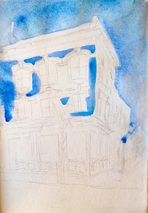 sketching a blue house in Charleston 1