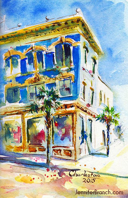 sketching a blue house in Charleston