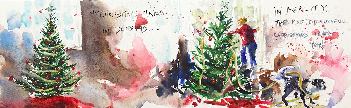 The Perfect Christmas Tree watercolor sketch by Jennifer Branch