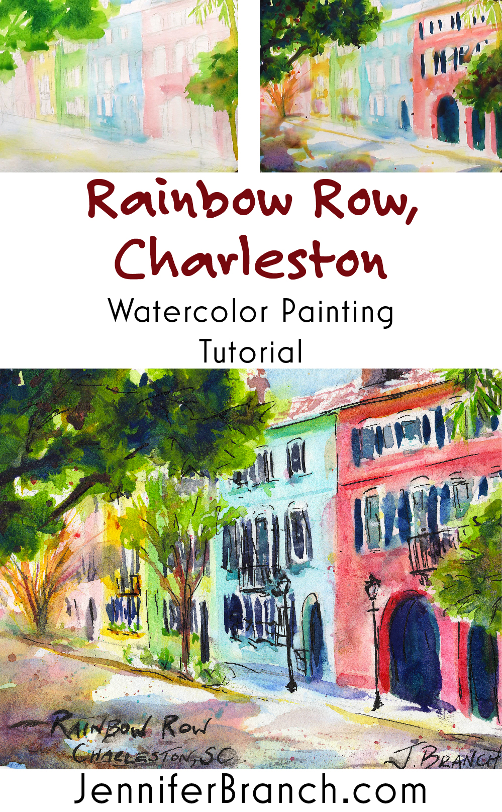 Painting Rainbow Row, Charleston watercolor painting tutorial by Jennifer Branch