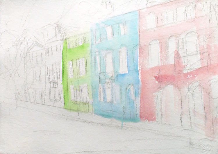 Painting Rainbow Row, Charleston Watercolor Painting Lesson 1