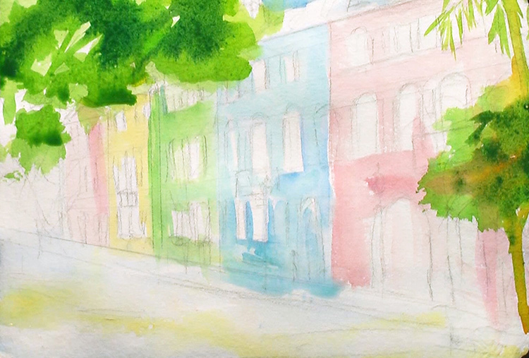 Painting Rainbow Row, Charleston Watercolor Painting Lesson 2