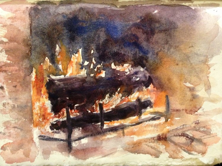 Fire in the Fireplace Watercolor Painting tutorial
