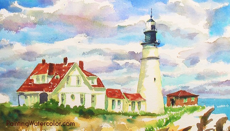 Portland Head Lighthouse Watercolor Painting Tutorial 6
