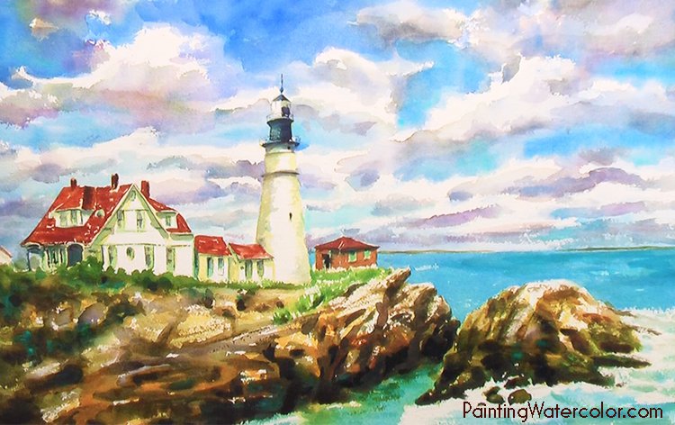 Portland Head Lighthouse Watercolor Painting Tutorial 7
