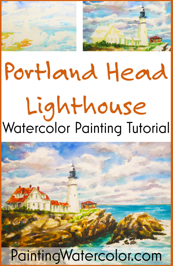 Portland Head Lighthouse watercolor painting tutorial by Jennifer Branch