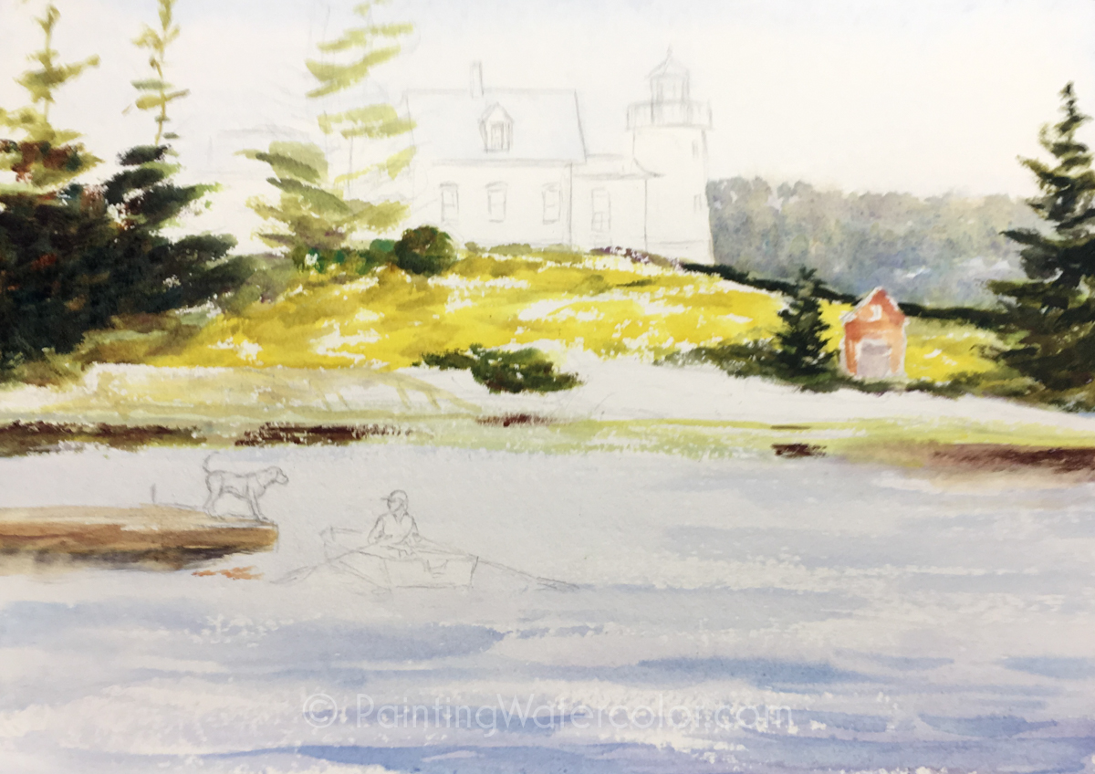 Maine Lighthouse and Dog Watercolor Painting Lesson 2