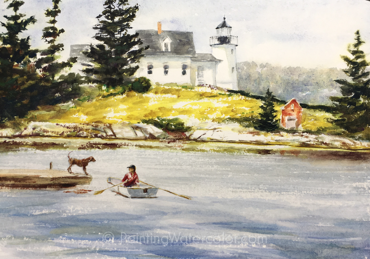 Maine Lighthouse and Dog Watercolor Painting Tutorial 6