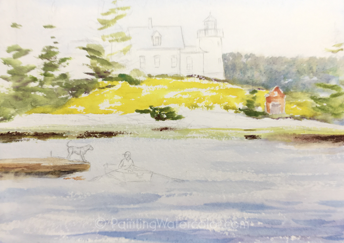Maine Lighthouse and Dog Watercolor Painting Lesson 1