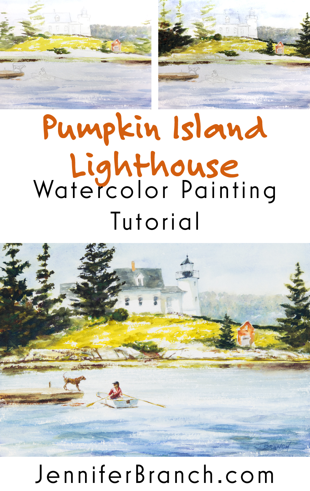 Maine Lighthouse and Dog watercolor painting tutorial by Jennifer Branch