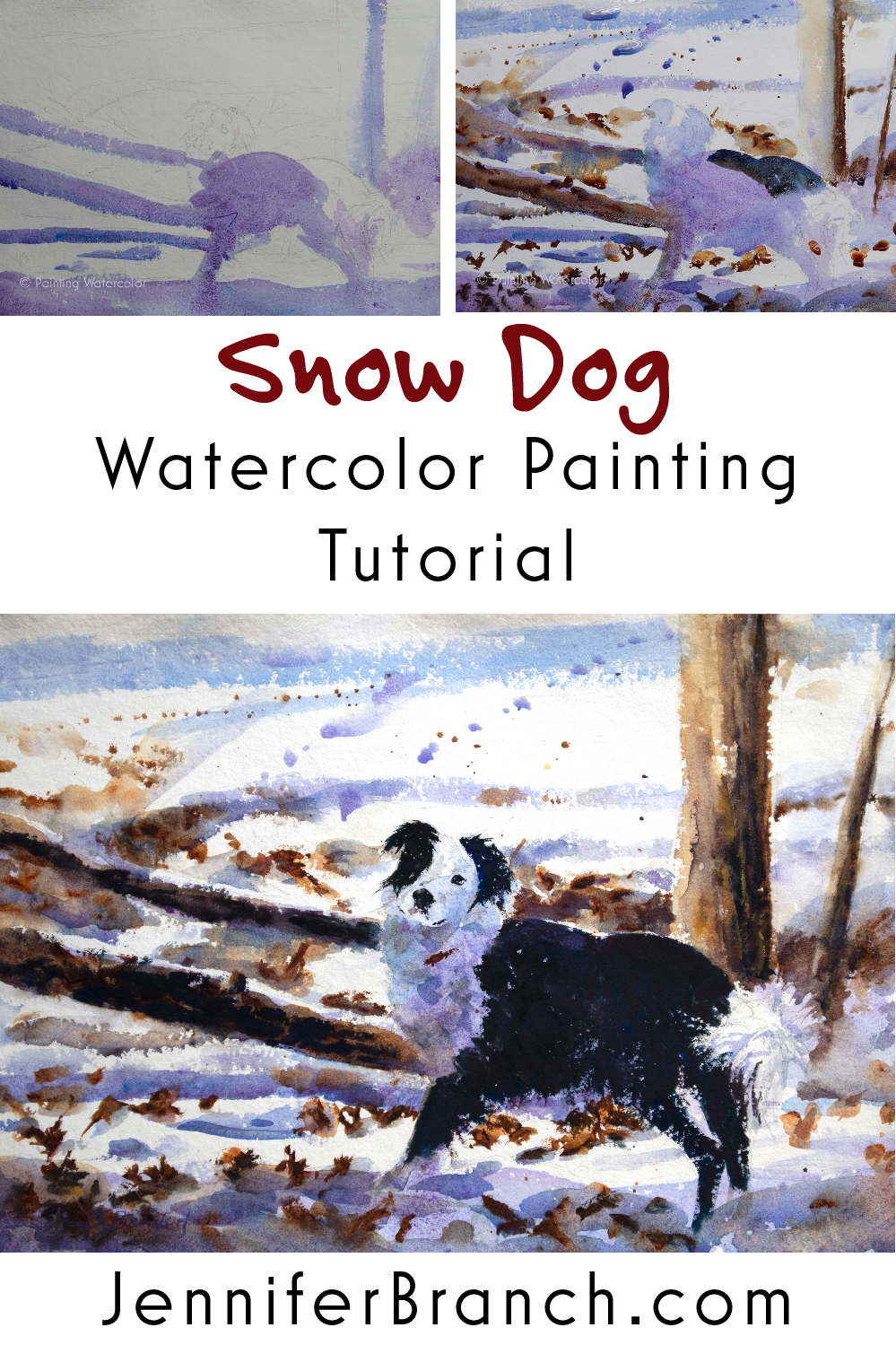 Snow Dog Painting Tutorial watercolor painting tutorial by Jennifer Branch