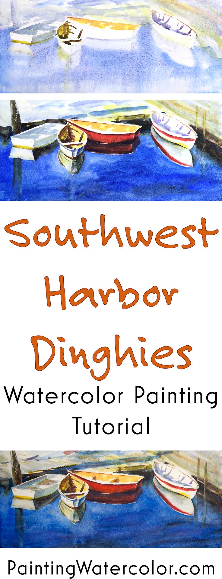 Southwest Harbor Dinghies Reflections watercolor painting tutorial by Jennifer Branch