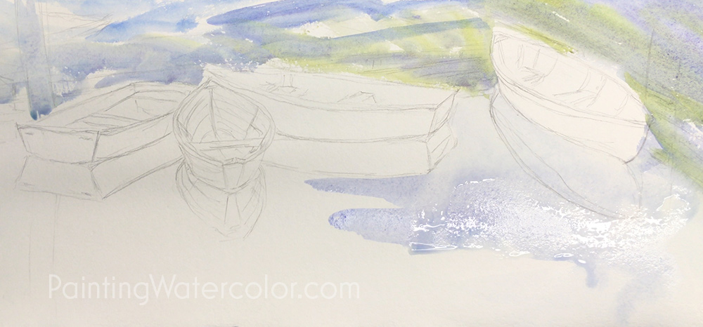 Southwest Harbor Dinghies Reflections Watercolor Painting Lesson 1