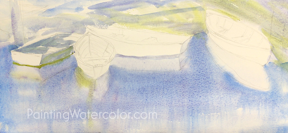 Southwest Harbor Dinghies Reflections Watercolor Painting Lesson 2