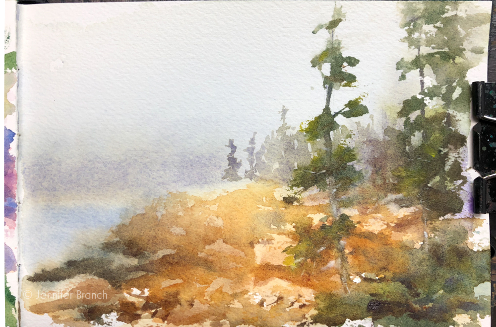 Sketch of fog at Ships Harbor, Acadia National Park by Jennifer Branch