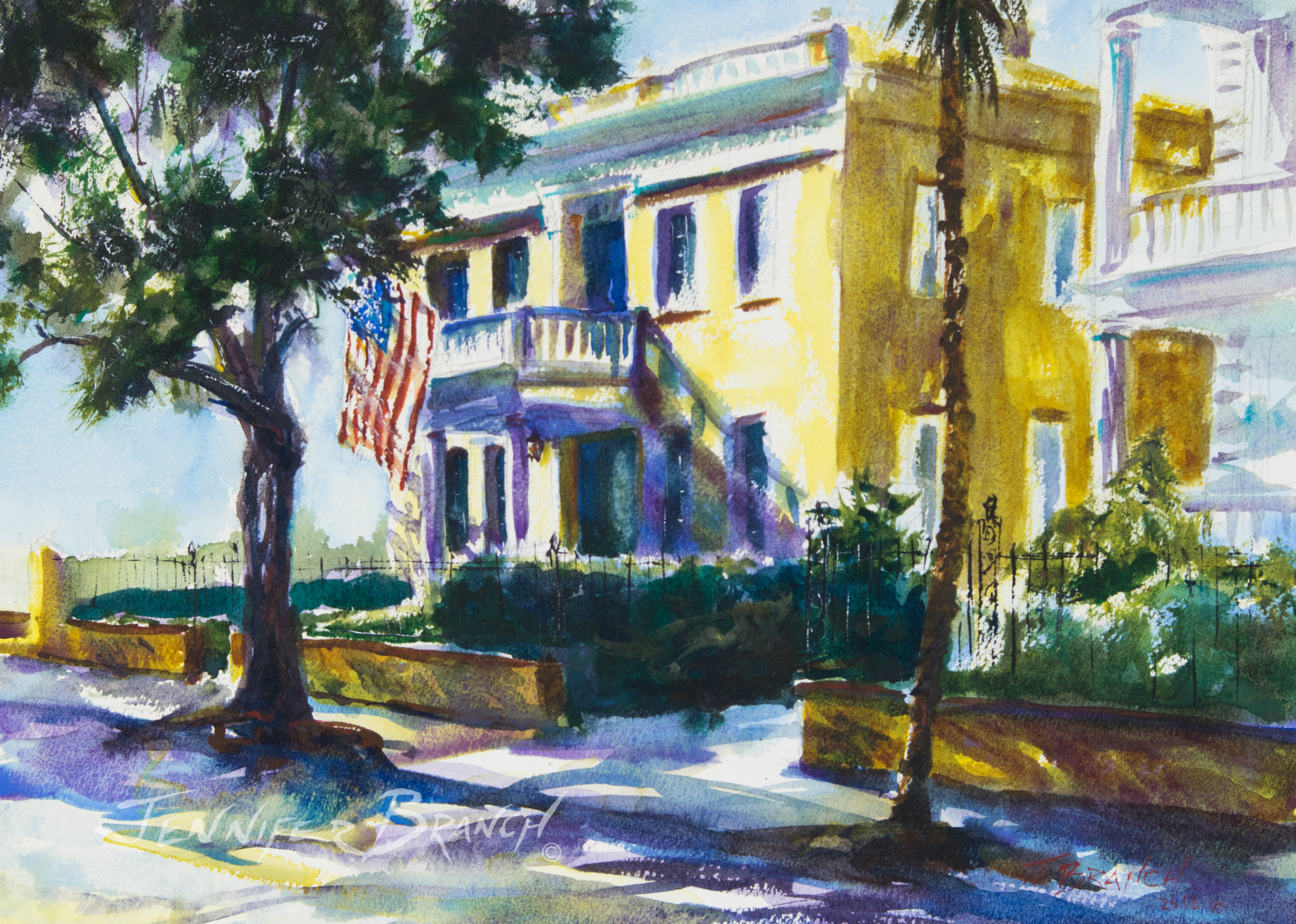 Charleston watercolor painting of a beautiful house flying an American flag.
