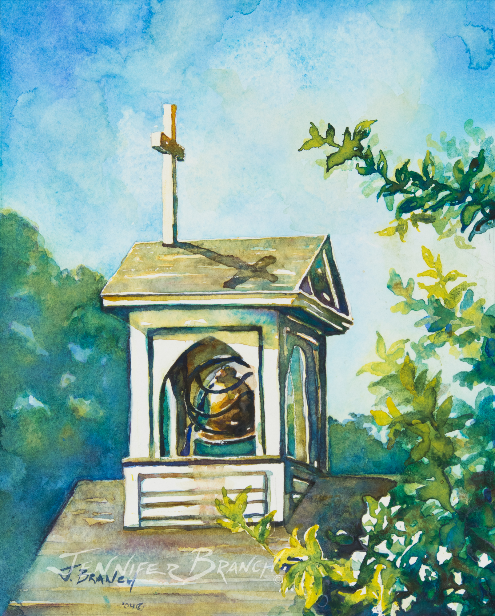 Church bell tower against blue sky by Jennifer Branch.