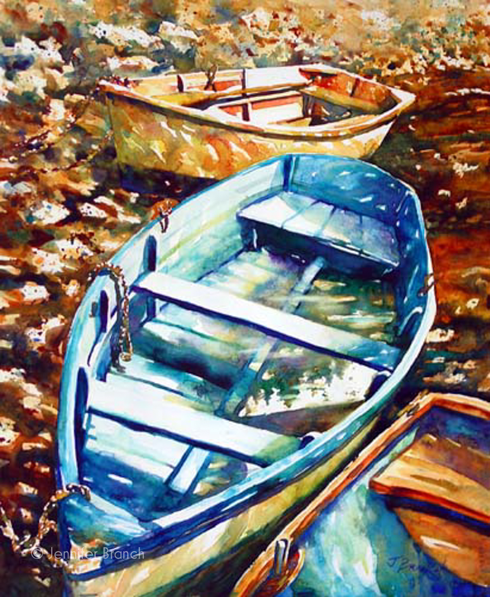 Watercolor painting of dinghies by Jennifer Branch.