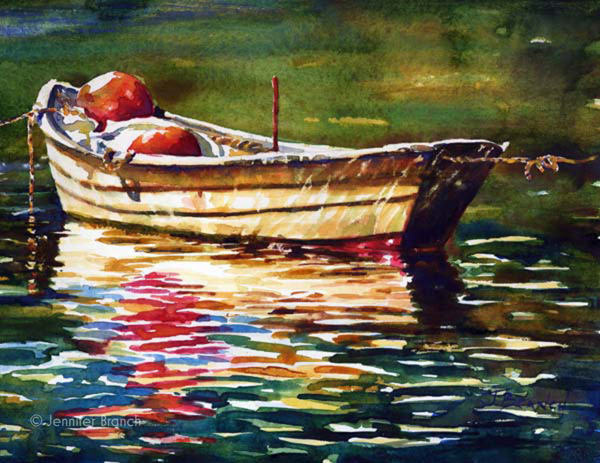 Watercolor of an old wooden dory in Seal Cove, Maine