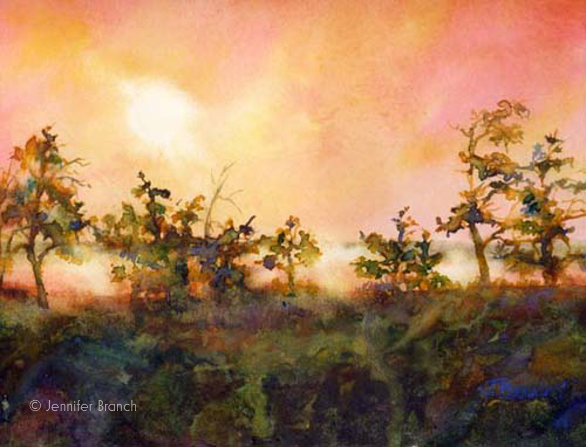 Everglades fog sunrise watercolor painting by Jennifer Branch.