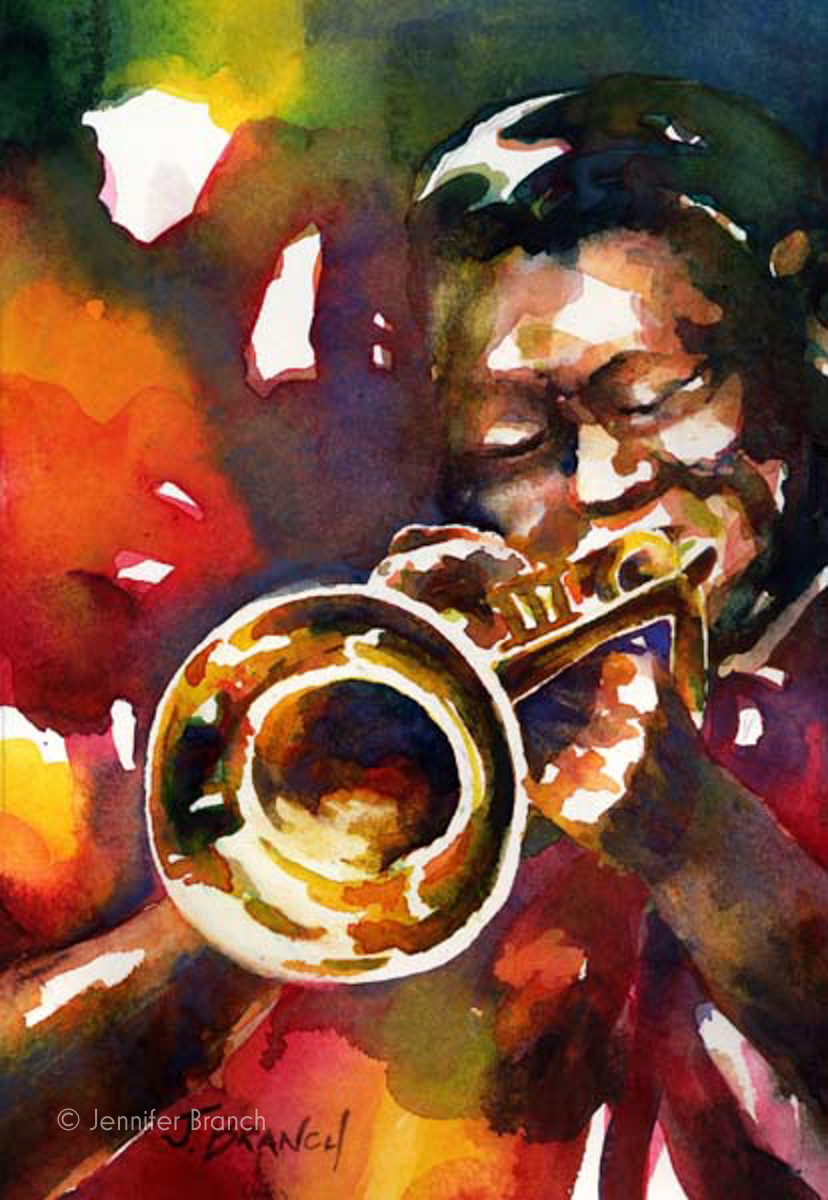 jazz trumpet watercolor painting by Jennifer Branch.