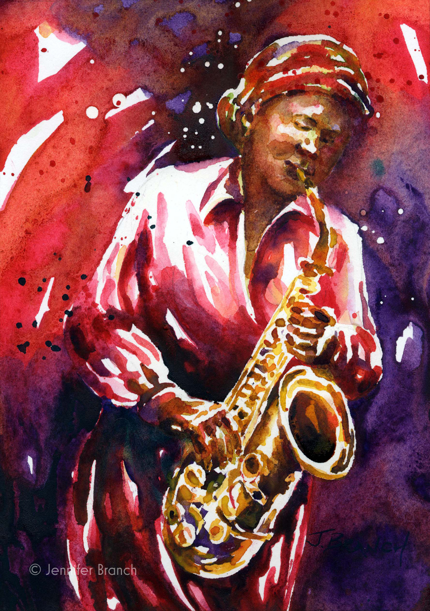 jazz saxophone watercolor painting by Jennifer Branch.
