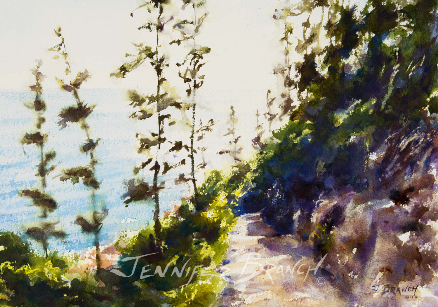 The sun is shining and a beautiful view is at the end of the path. Watercolor painting of the path to Bass Harbor Lighthouse by Jennifer Branch.