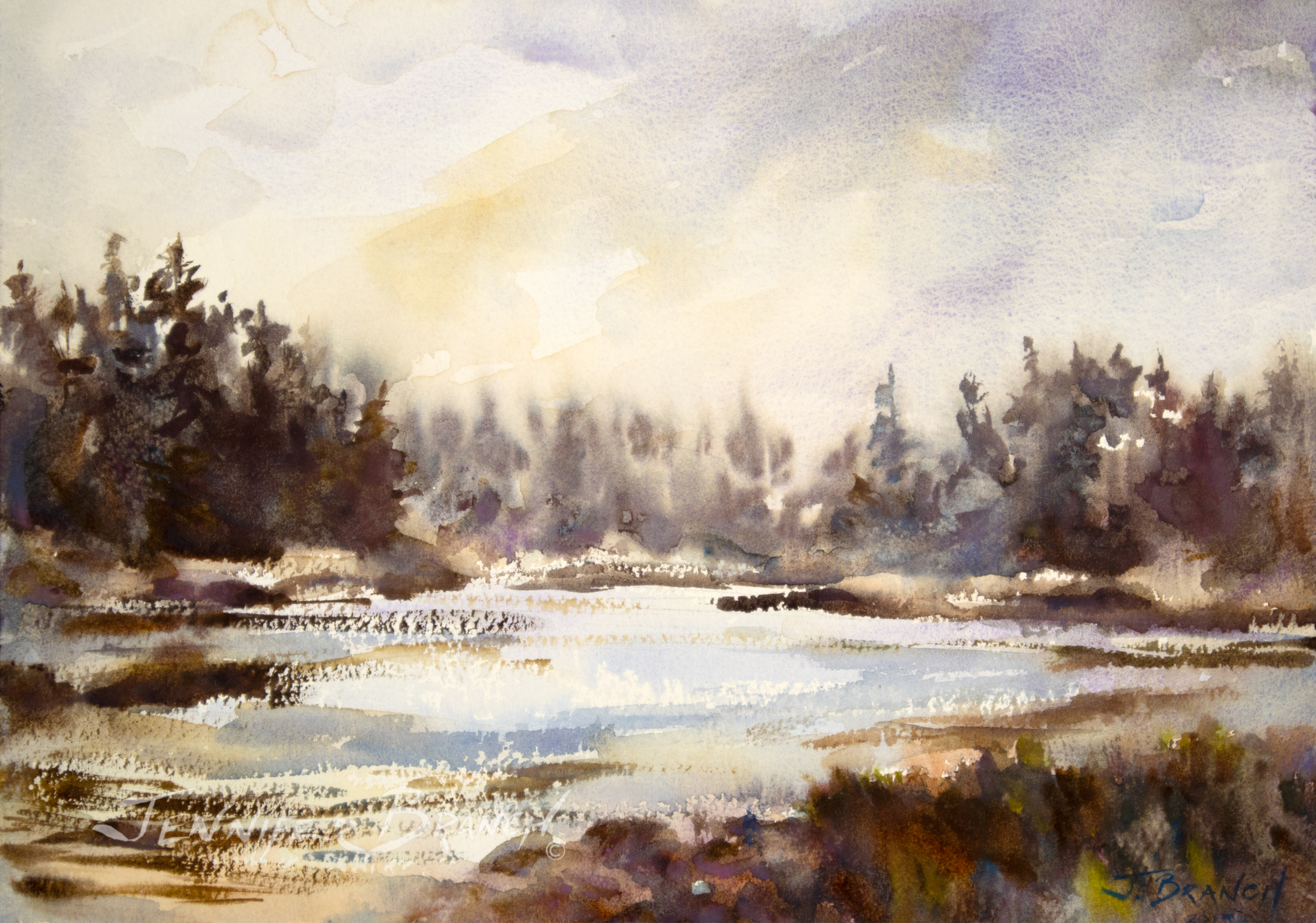 Maine cove at sunset watercolor painting by Jennifer Branch.