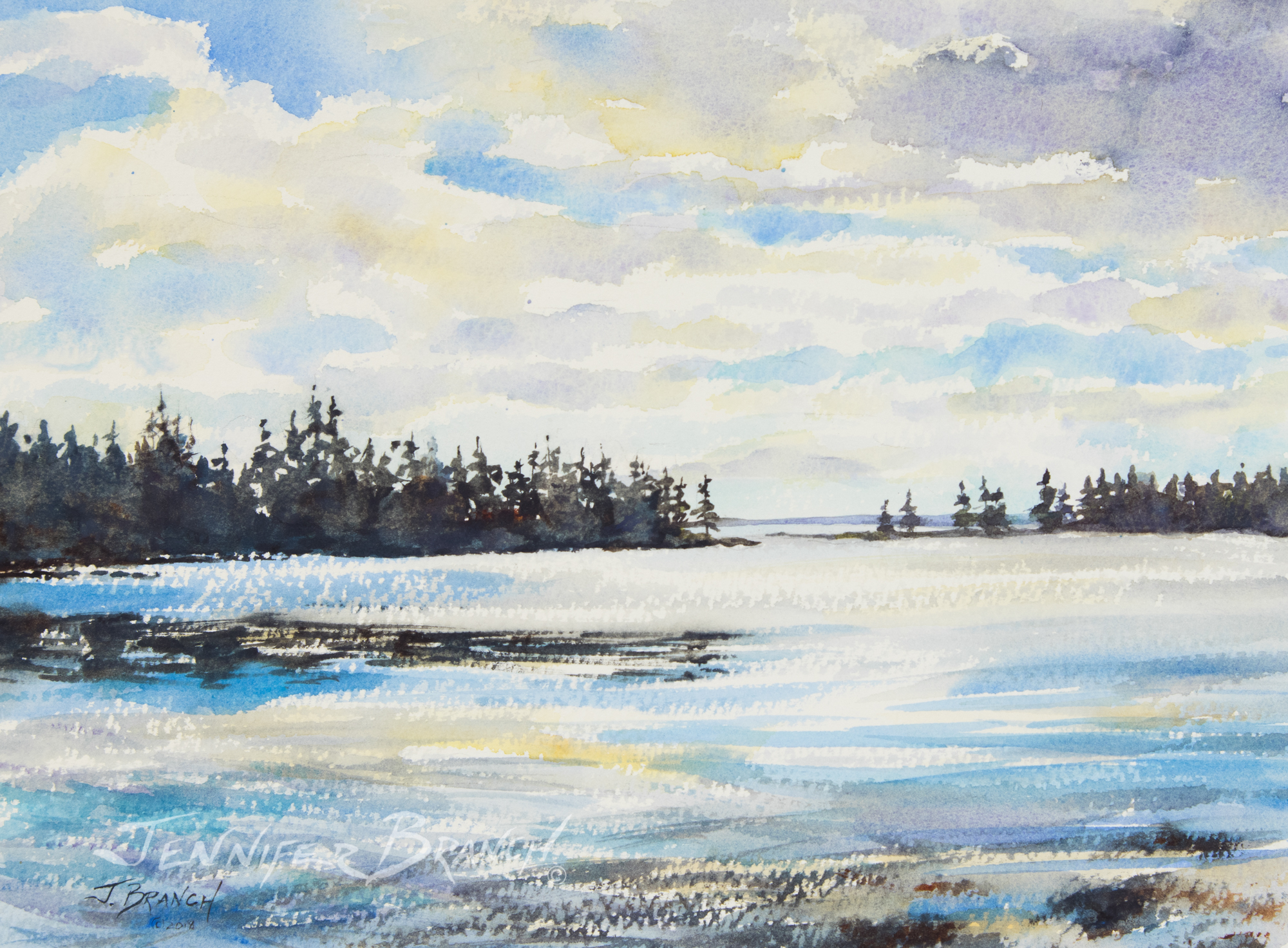 Original watercolor painting of a peaceful Maine cove. by Jennifer Branch.