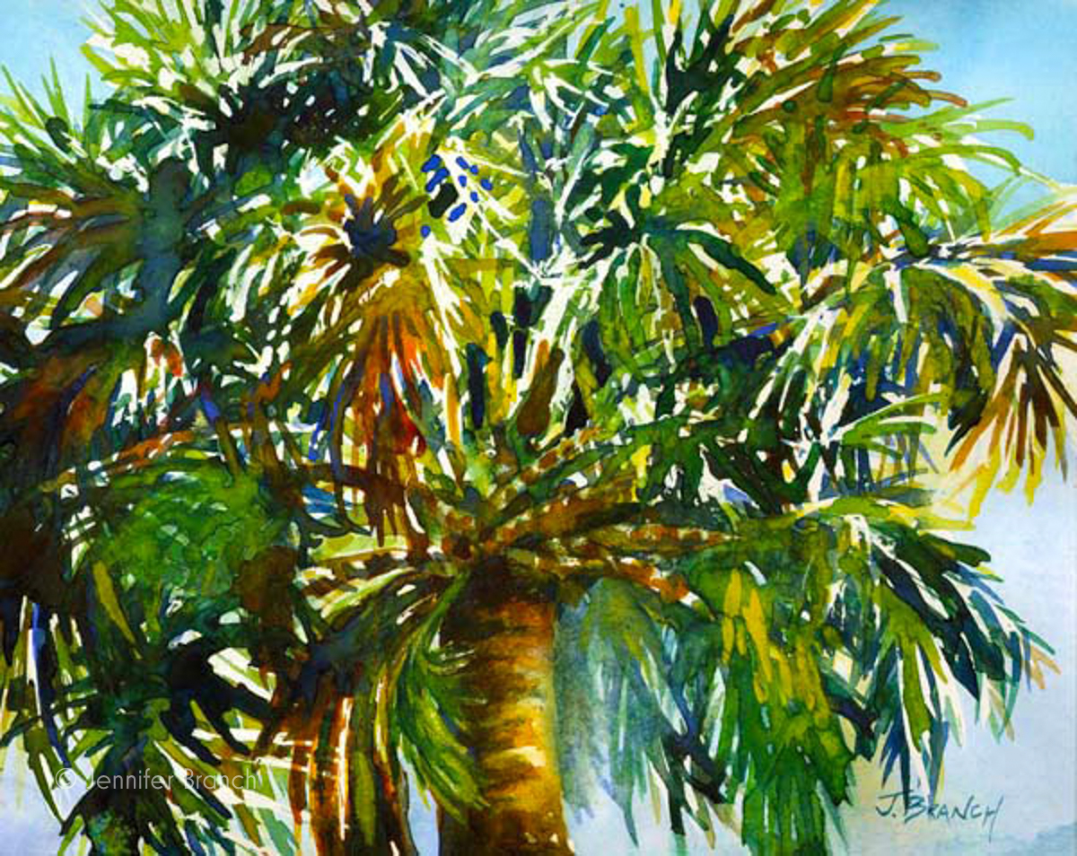 Cabbage palm tree watercolor painting by Jennifer Branch.