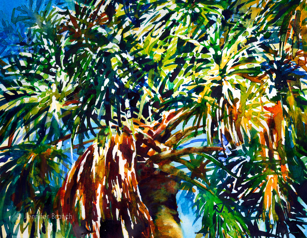 Cabbage palm tree watercolor painting by Jennifer Branch.