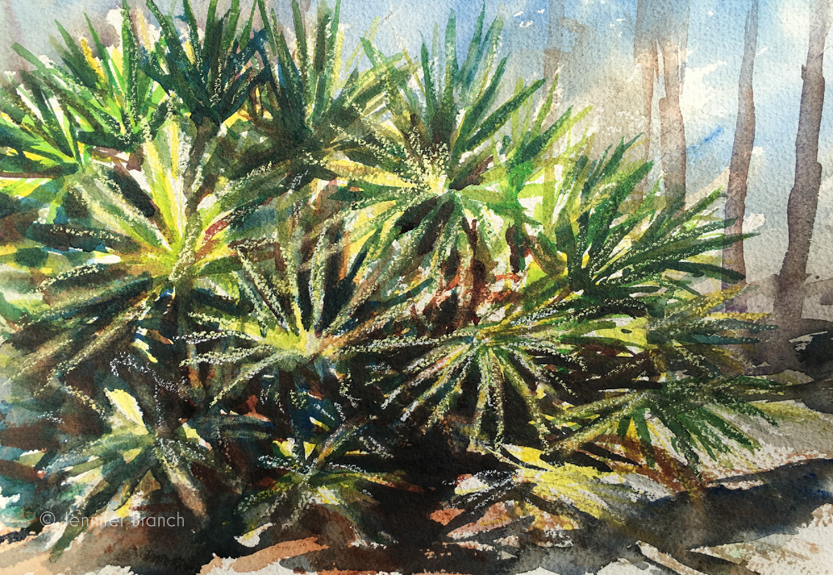 Palmettos watercolor sketch on Arches Rough Press paper.