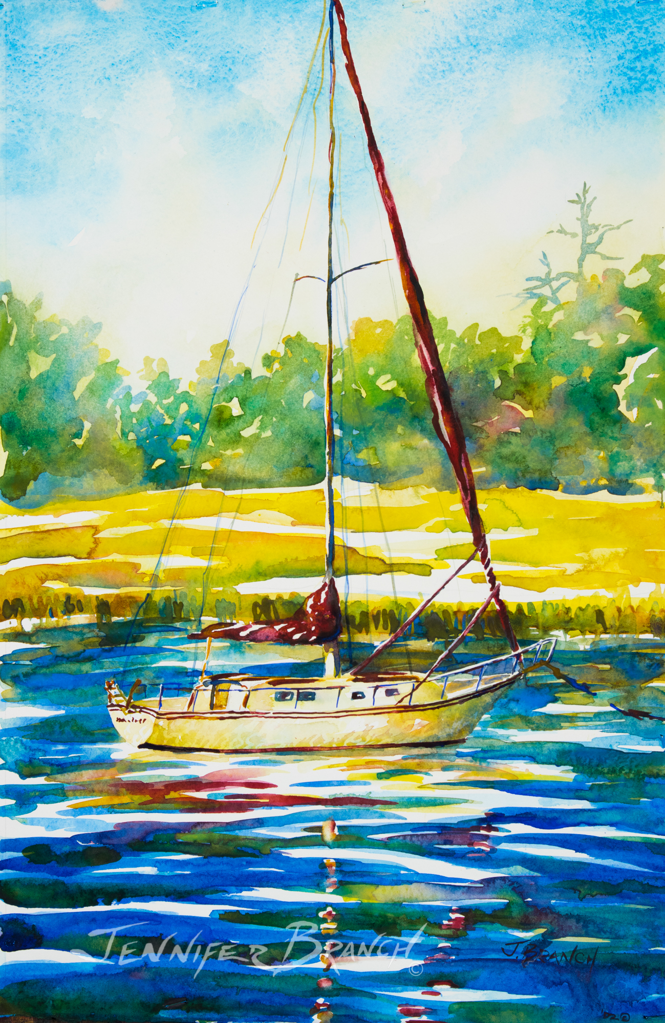 Sailboat watercolor painting by Jennifer Branch