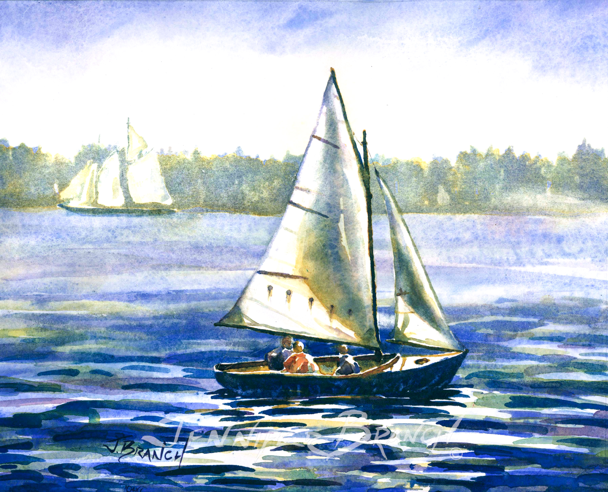 watercolor painting of a Herreshoff 12 1/2 sailboat in Maine, wooden boat