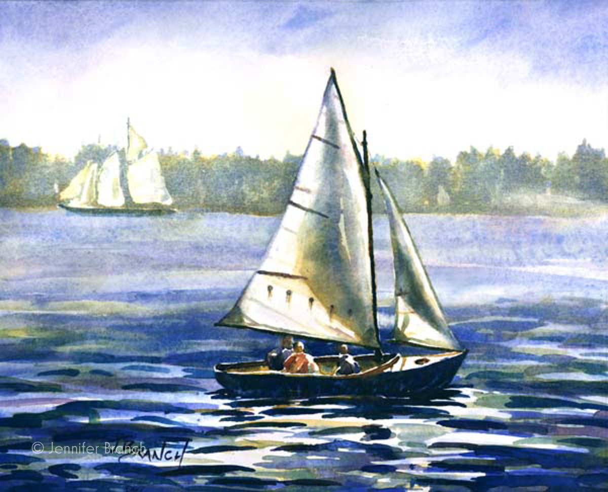 watercolor painting of a Herreshoff 12 1/2 sailboat in Maine, wooden boat