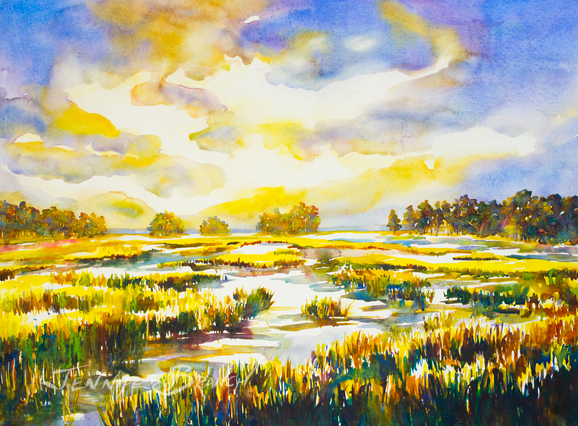 daybreak over a salt marsh watercolor painting by Jennifer Branch