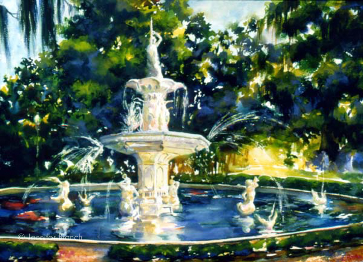 Savannah fountain Forysth Park watercolor painting