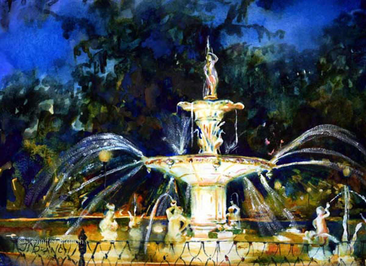 Forsyth Park fountain at night watercolor painting