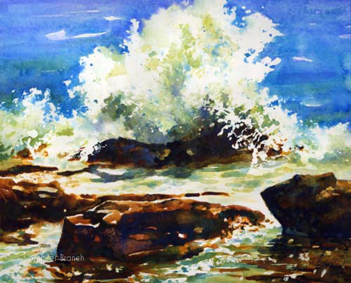 Crashing surf in this lovely watercolor painting of the Maine coast. by Jennifer Branch.