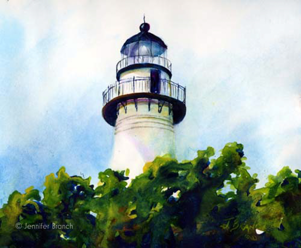 St Simons Island Lighthouse watercolor painting by Jennifer Branch.