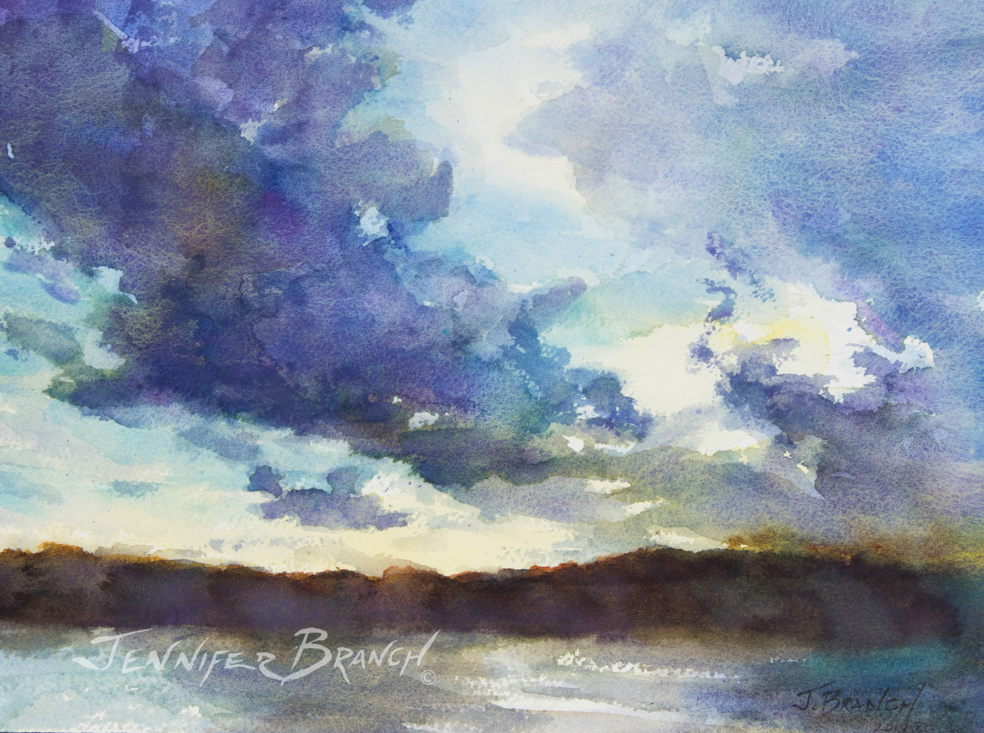 Sunset Clouds over a Georgia lake watercolor painting. by Jennifer Branch.