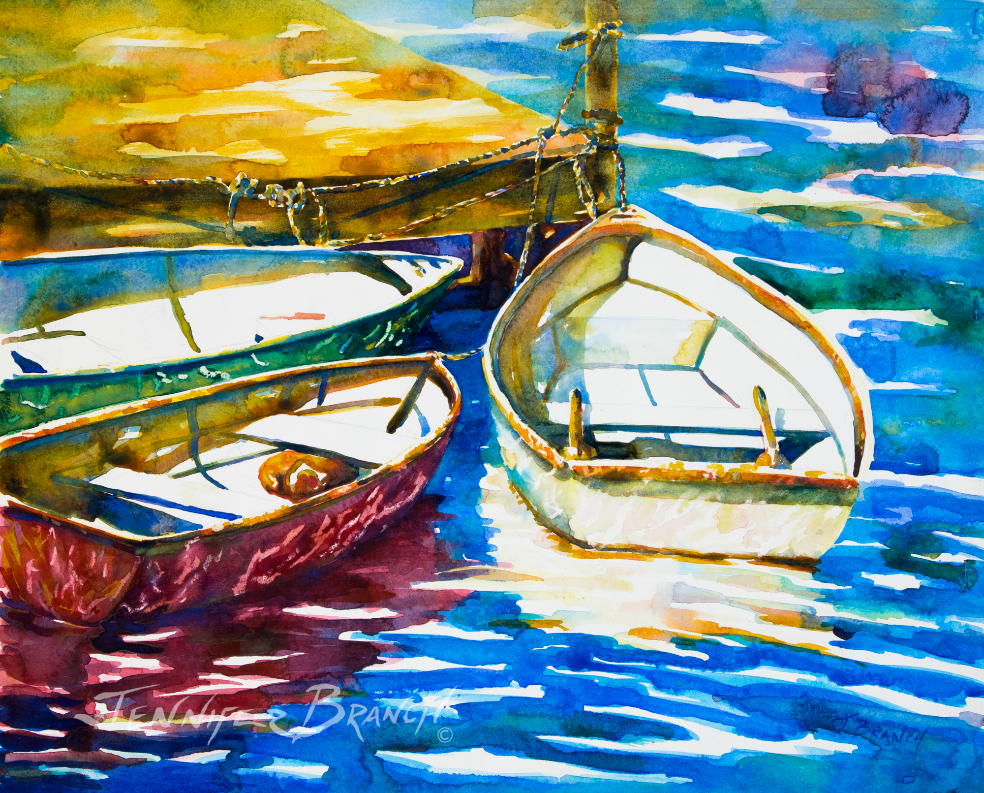 dinghies watercolor painting by Jennifer Branch.