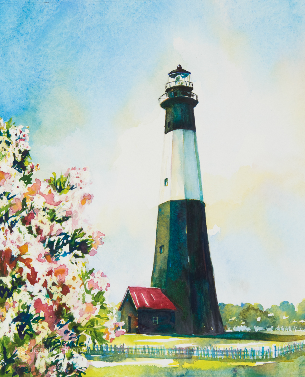 Tybee island lighthouse oleander watercolor painting by Jennifer Branch.