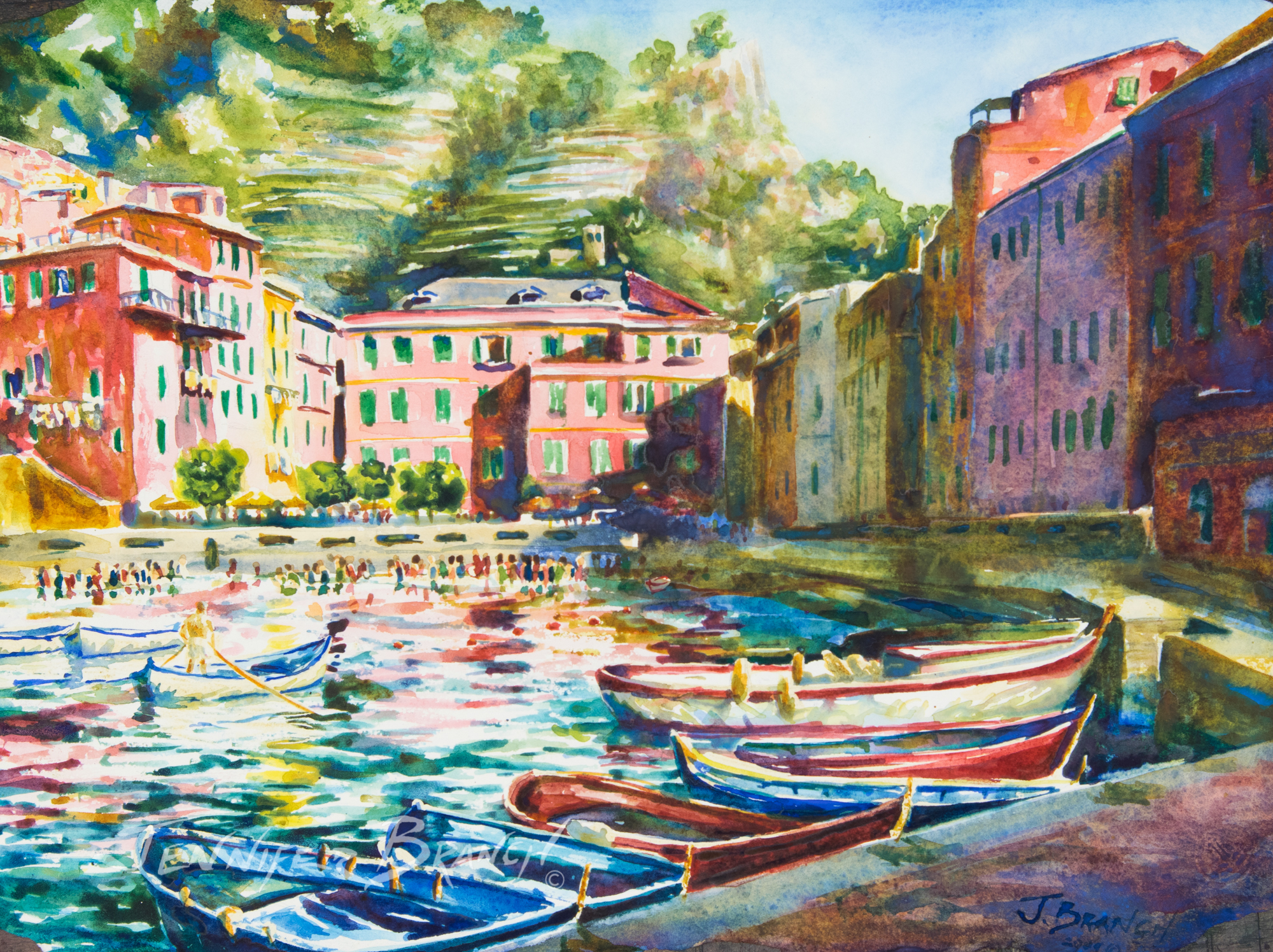 Vernazza Harbor Watercolor painting by Jennifer Branch.